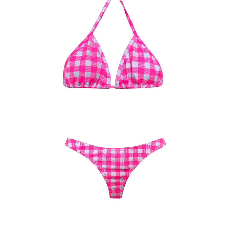 CONJUNTO CORTININHA E ASA DELTA XADREZ ROSA NEON