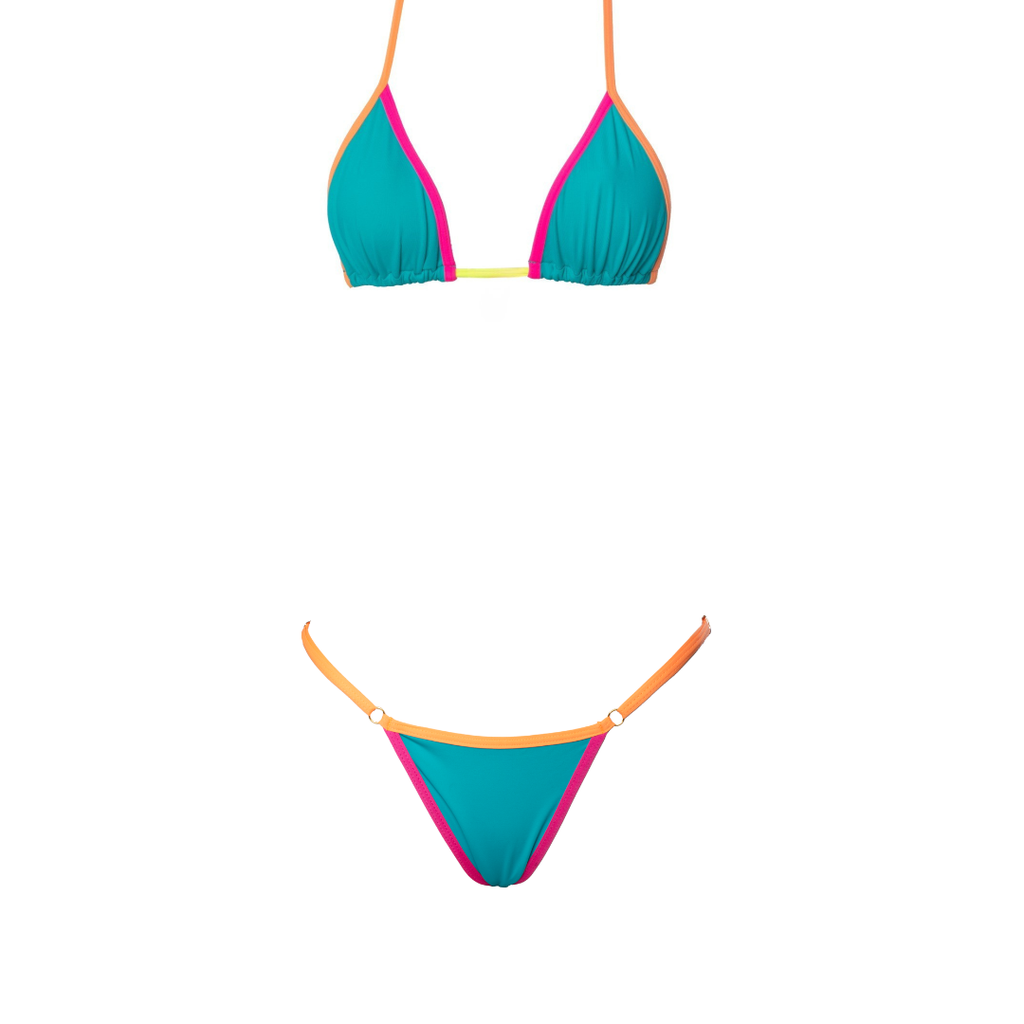 CONJUNTO CORTININHA E MINI TANGA REGULAGEM COLOR BLOCK JADE