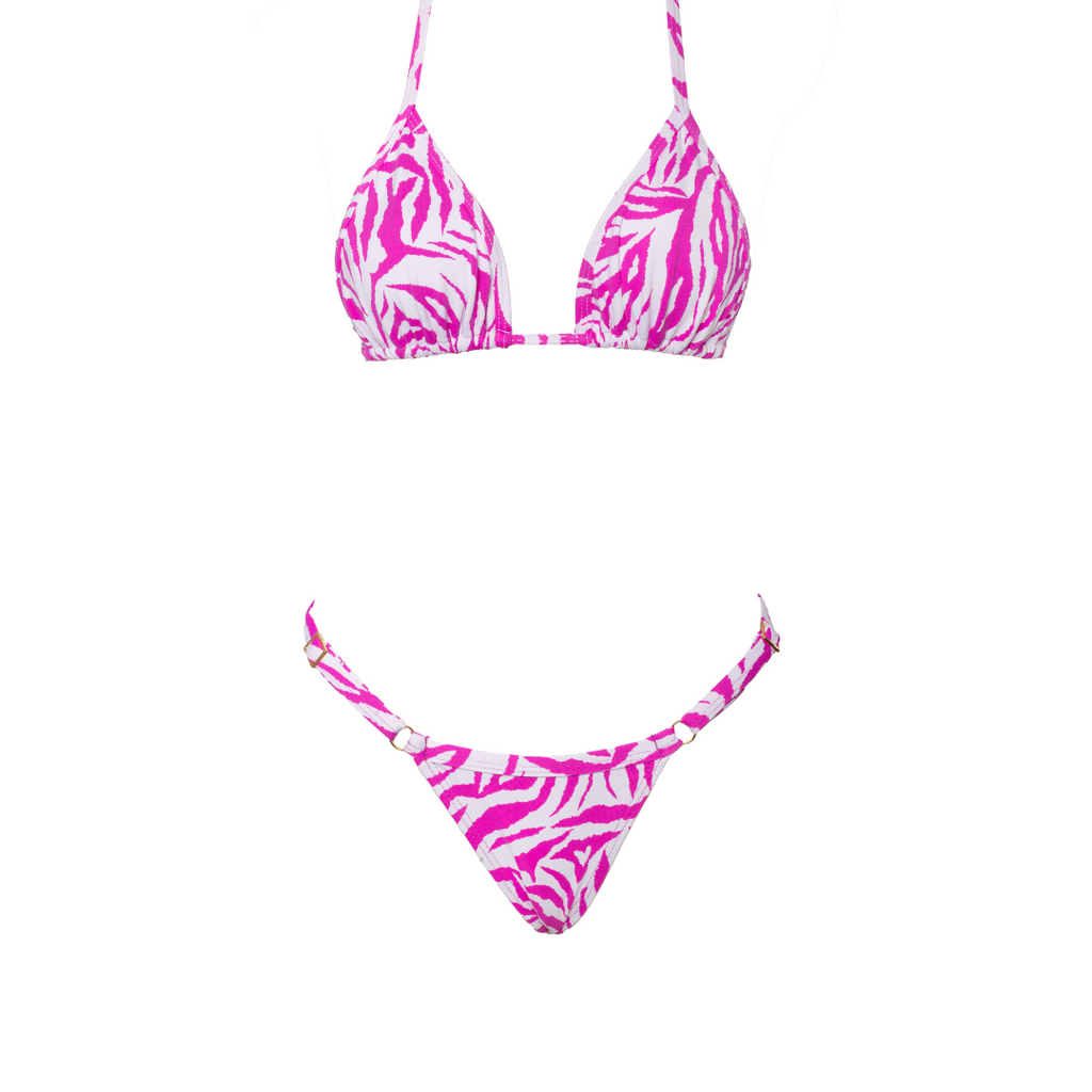 CONJUNTO CORTININA E MINI TANGA FIVELA ZEBRA FÚCSIA