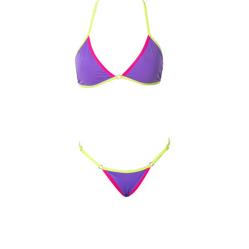 CONJUNTO MINIKINI TOP FIXO ARGOLA E MINI FITA REGULAGEM COLOR BLOCK ROXO