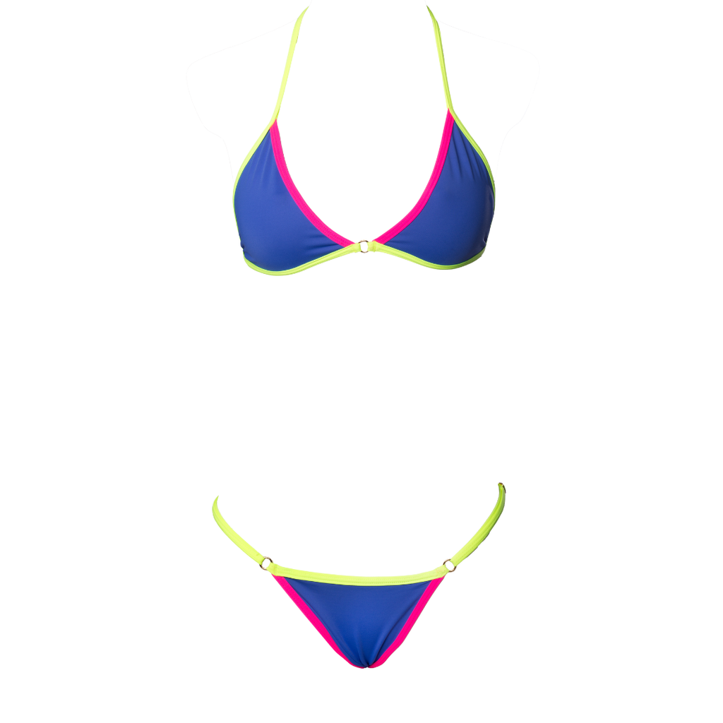 CONJUNTO MINIKINI TOP FIXO ARGOLA E MINI FITA REGULAGEM COLOR BLOCK AZUL