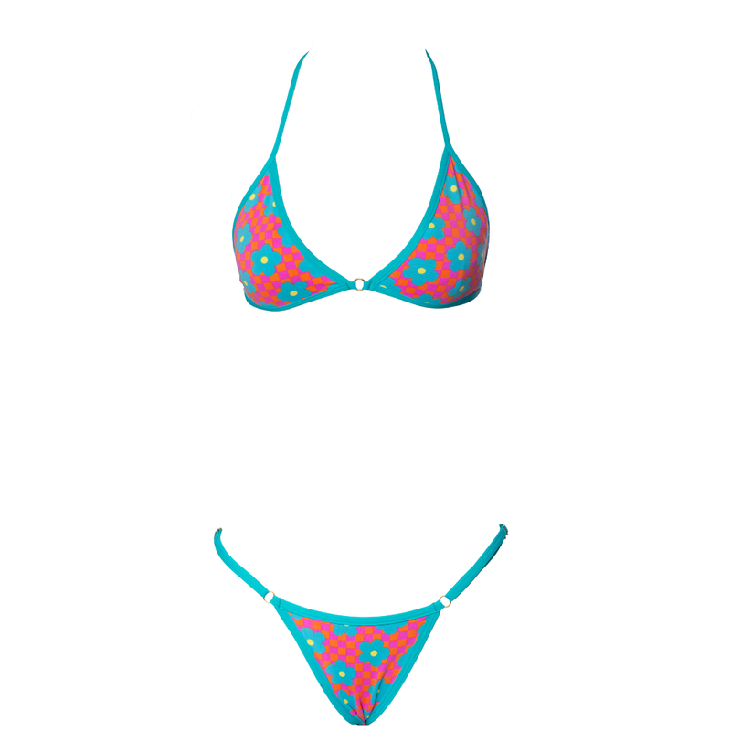 CONJUNTO MINIKINI TOP FIXO ARGOLA E MINI FITA REGULAGEM FLORES