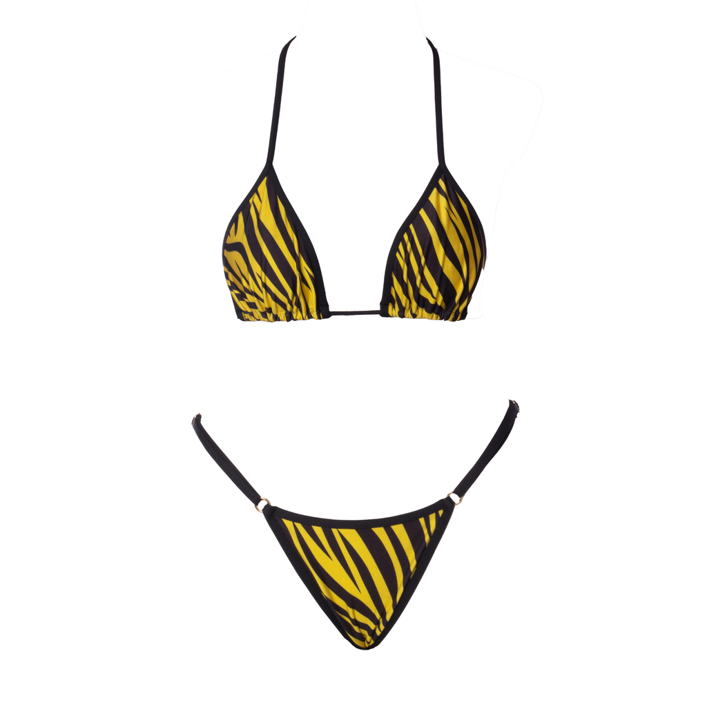 CONJUNTO CORTININHA E MINI TANGA REGULAGEM ZEBRA AMARELO