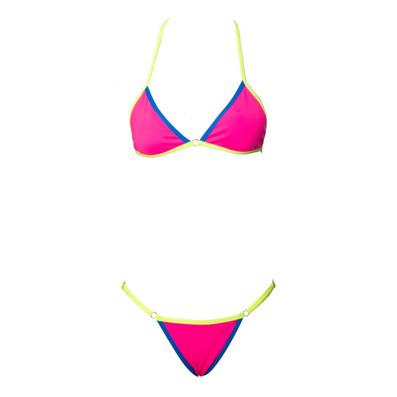 CONJUNTO MINIKINI TOP FIXO ARGOLA E MINI FITA REGULAGEM COLOR BLOCK ROSA NEON