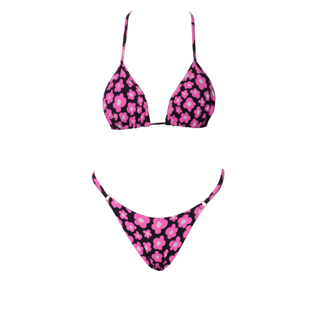 CONJUNTO CORTININHA E MINI TANGA DUPLA REGULAGEM FLORES ROSA COM PRETO
