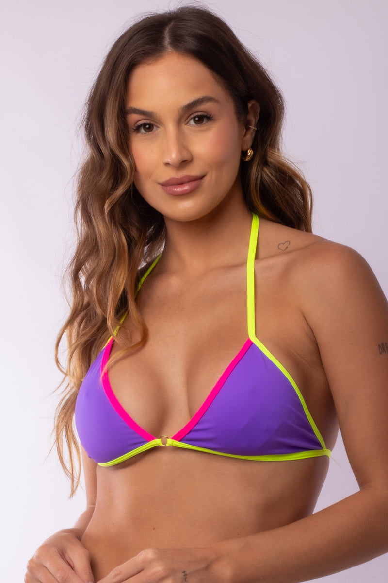 TOP FIXO ARGOLA COLOR BLOCK ROXO E AMARELO NEON