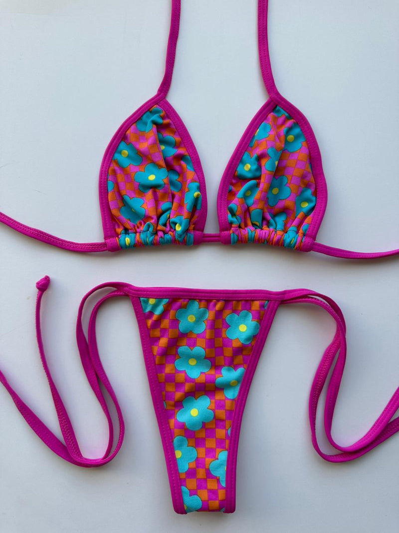 CONJUNTO VIÉS CORTININHA E LACINHO FLORES COM ROSA