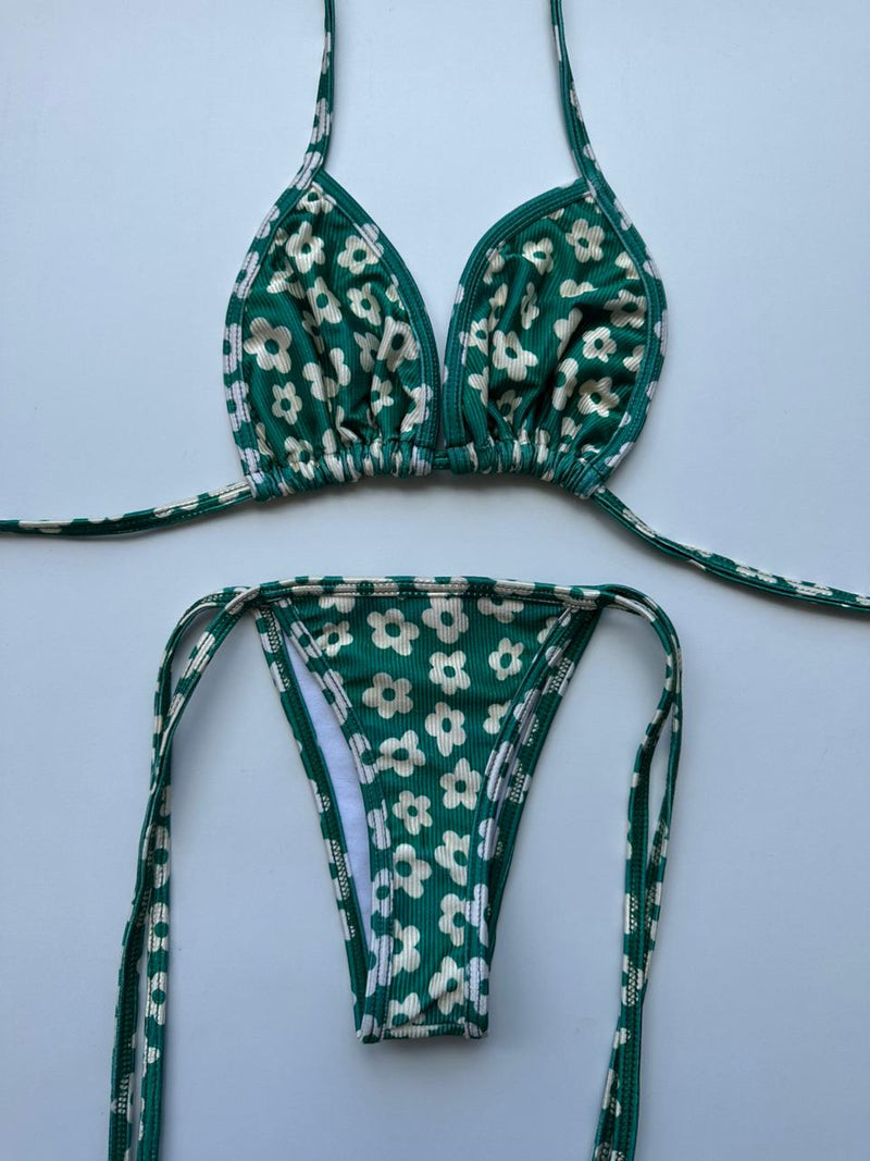 CONJUNTO VIÉS CORTININHA E LACINHO POP FLORES VERDE