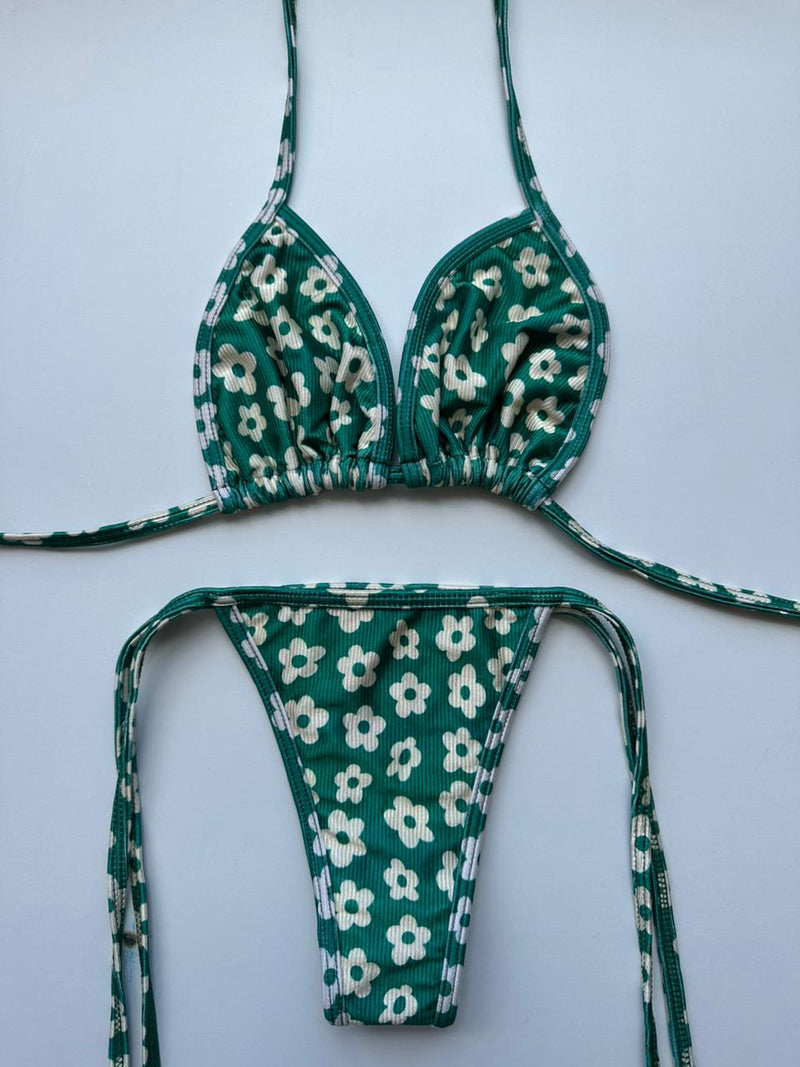 CONJUNTO VIÉS CORTININHA E LACINHO POP FLORES VERDE