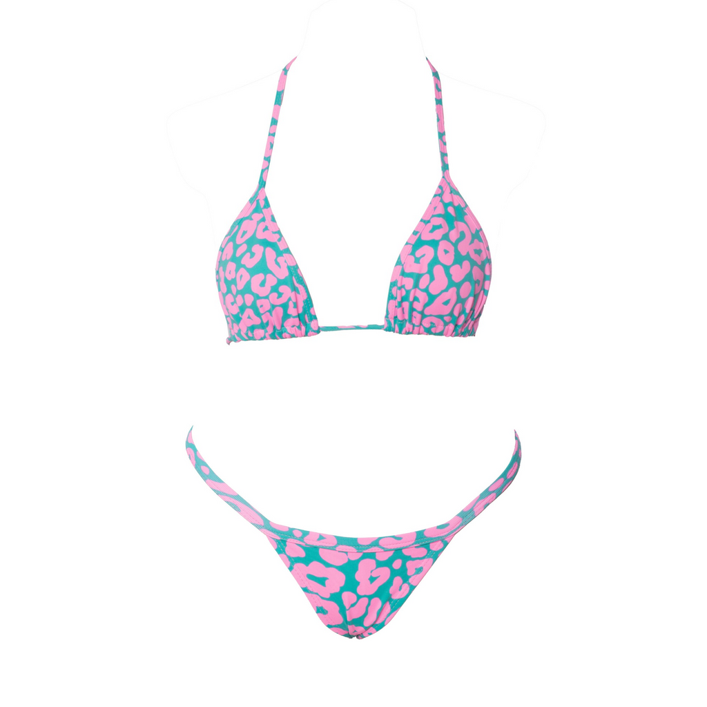 CONJUNTO CORTININA E MINI TANGA ONÇA VERDE ÁGUA COM ROSA