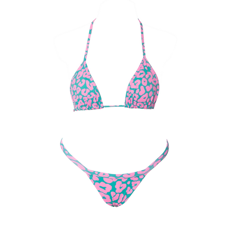 CONJUNTO CORTININA E MINI TANGA ONÇA VERDE ÁGUA COM ROSA