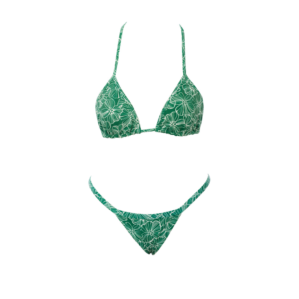CONJUNTO TOP CORTININHA E CALCINHA MINI TANGA FITA FLORES VERDE