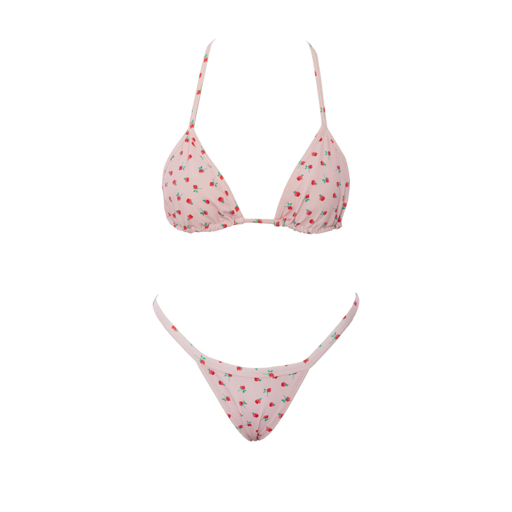 CONJUNTO TOP CORTININHA E CALCINHA MINI TANGA FITA FLORES ROSA