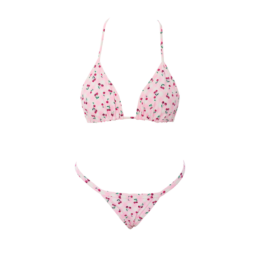CONJUNTO TOP CORTININHA E CALCINHA MINI TANGA FITA CEREJA